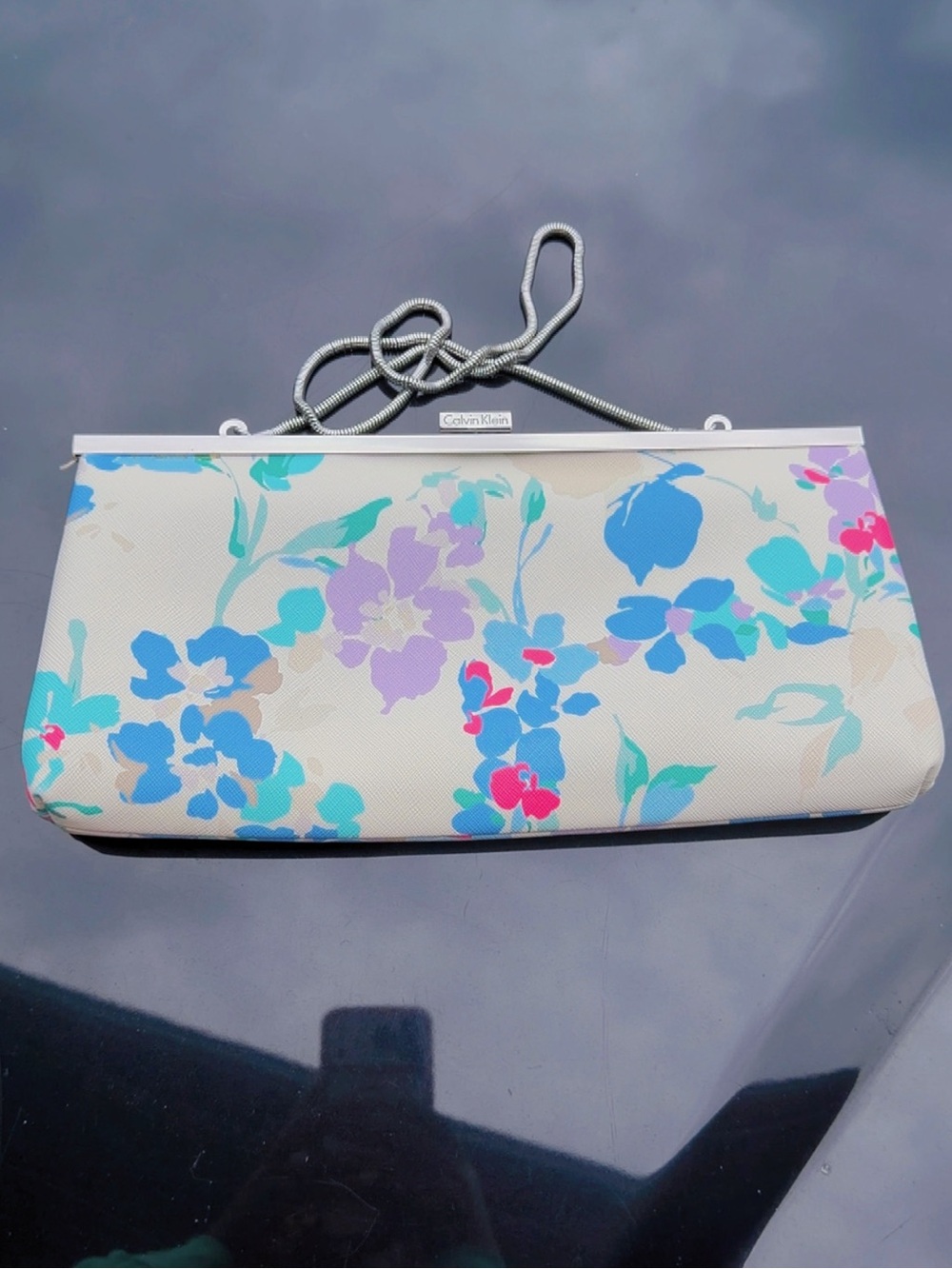 Calvin Klein Floral Frame Clutch Crossbody Purse White Blue Pink Silver Chain
